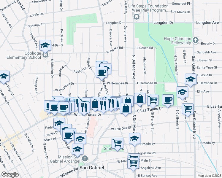 map of restaurants, bars, coffee shops, grocery stores, and more near 229 Daroca Avenue in San Gabriel