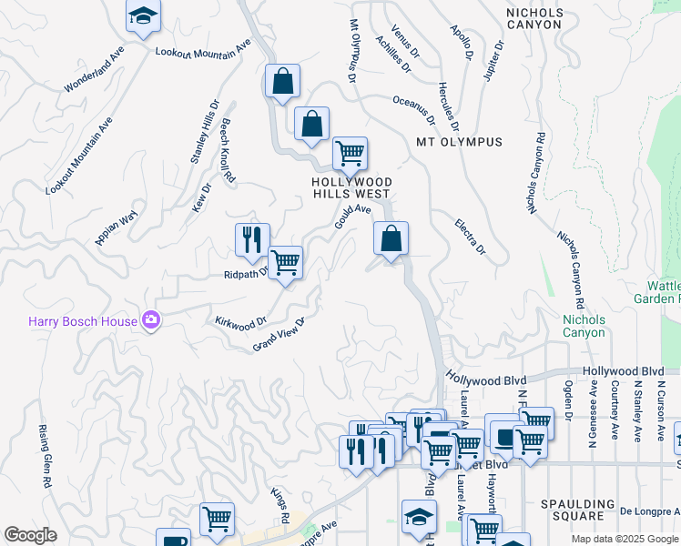 map of restaurants, bars, coffee shops, grocery stores, and more near 8148 Mannix Drive in Los Angeles