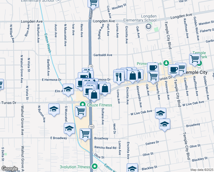 map of restaurants, bars, coffee shops, grocery stores, and more near 5821 Hart Avenue in Temple City