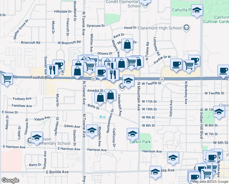 map of restaurants, bars, coffee shops, grocery stores, and more near 1206 Northwestern Drive in Claremont