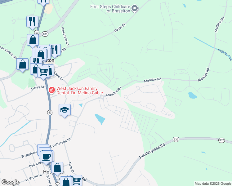 map of restaurants, bars, coffee shops, grocery stores, and more near 614 East G Barnett Road in Hoschton