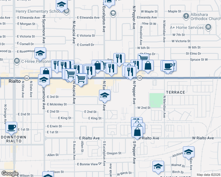 map of restaurants, bars, coffee shops, grocery stores, and more near 369 North Eucalyptus Avenue in Rialto