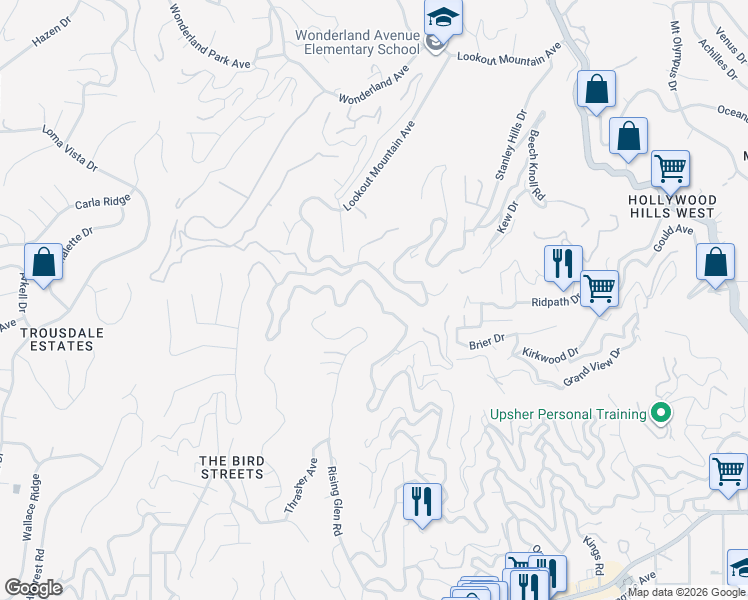 map of restaurants, bars, coffee shops, grocery stores, and more near 2081 Sunset Plaza Drive in Los Angeles
