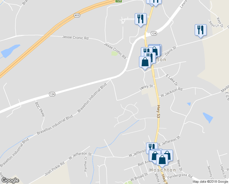 map of restaurants, bars, coffee shops, grocery stores, and more near 122 Piedmont Avenue in Braselton