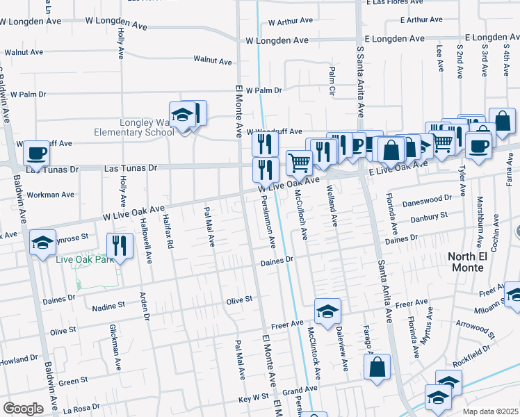 map of restaurants, bars, coffee shops, grocery stores, and more near 5639 Persimmon Avenue in Temple City