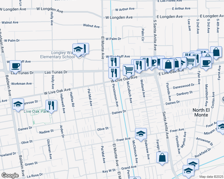 map of restaurants, bars, coffee shops, grocery stores, and more near 5639 Persimmon Avenue in Temple City