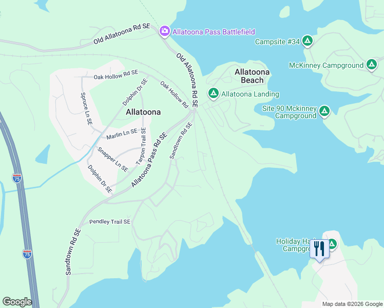 map of restaurants, bars, coffee shops, grocery stores, and more near 820 Old Allatoona Road Southeast in Cartersville