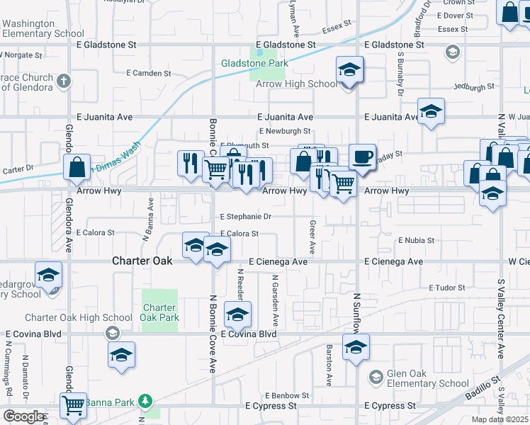 map of restaurants, bars, coffee shops, grocery stores, and more near 20631 East Stephanie Drive in Covina