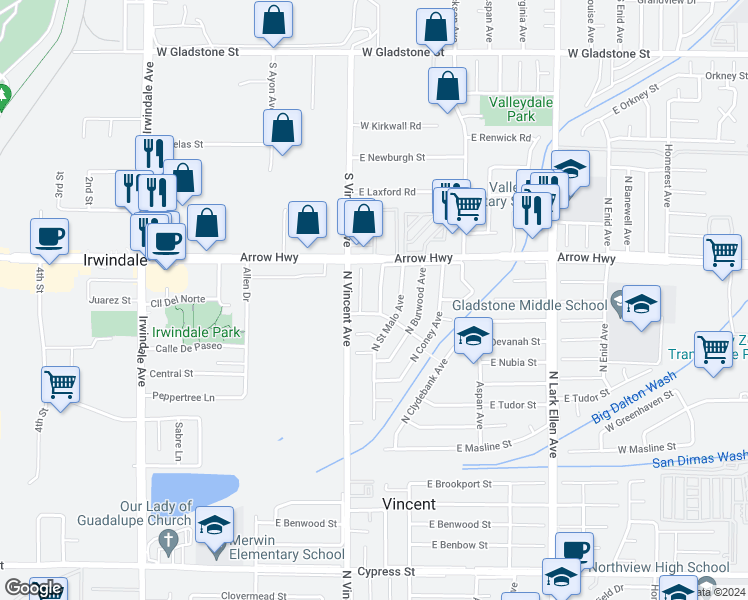 map of restaurants, bars, coffee shops, grocery stores, and more near 5115 North Varnell Avenue in Covina