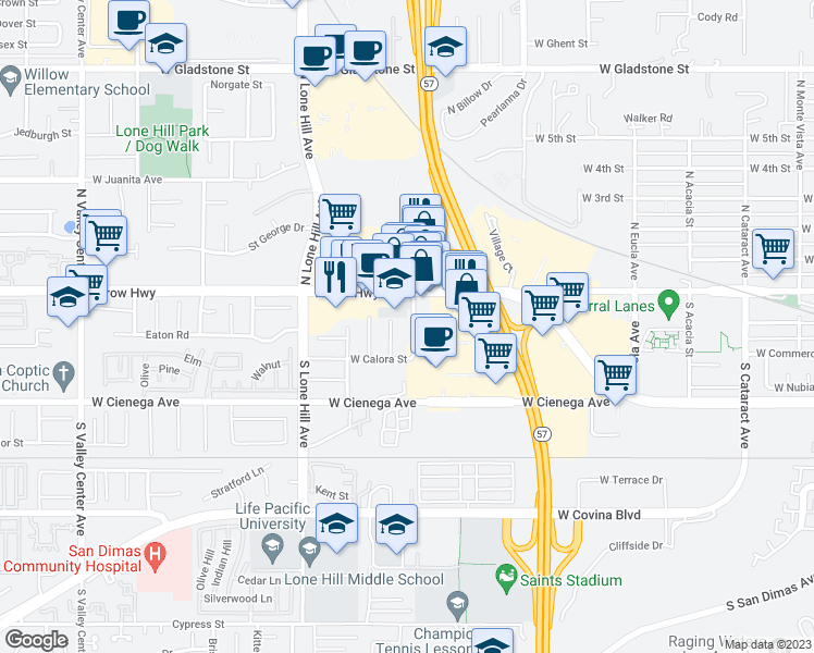 map of restaurants, bars, coffee shops, grocery stores, and more near 139 South Maimone Avenue in San Dimas