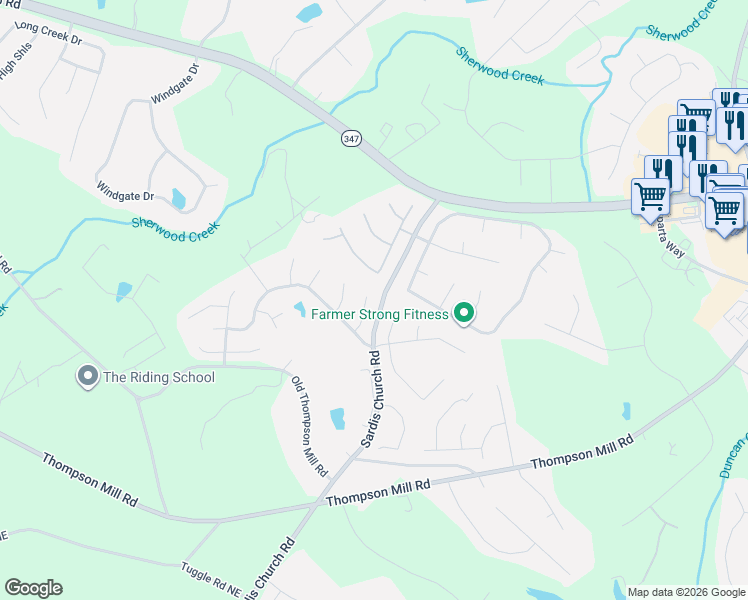 map of restaurants, bars, coffee shops, grocery stores, and more near 3153 Morgan Box Lane Northeast in Buford