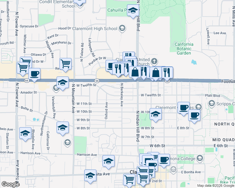map of restaurants, bars, coffee shops, grocery stores, and more near 525 West 12th Street in Claremont