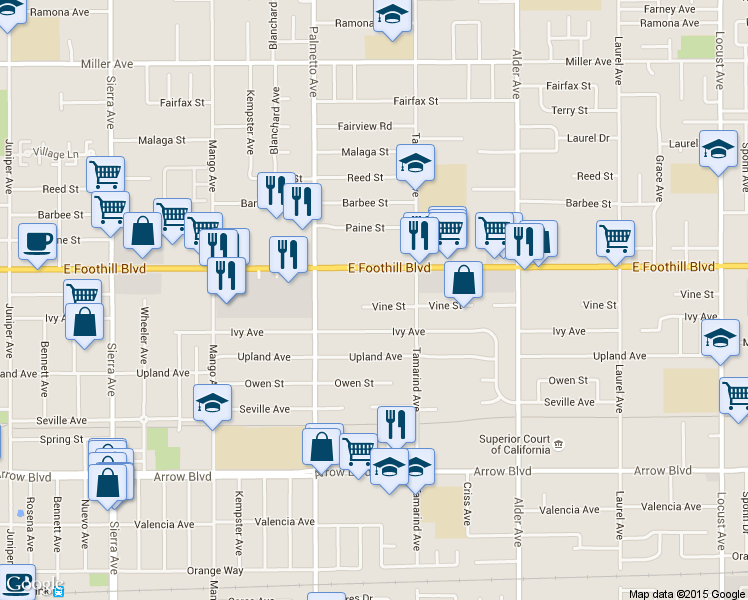 map of restaurants, bars, coffee shops, grocery stores, and more near 17414 Vine Street in Fontana