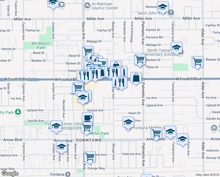 map of restaurants, bars, coffee shops, grocery stores, and more near 8110 Mango Avenue in Fontana