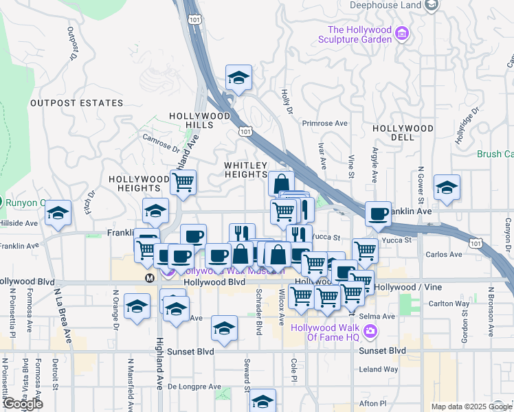 map of restaurants, bars, coffee shops, grocery stores, and more near 6543 Franklin Avenue in Los Angeles