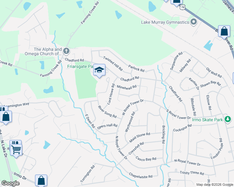 map of restaurants, bars, coffee shops, grocery stores, and more near 107 Temple Walk Road in Irmo