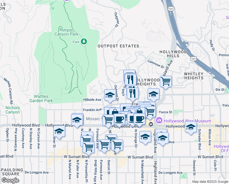 map of restaurants, bars, coffee shops, grocery stores, and more near 1851 Outpost Drive in Los Angeles
