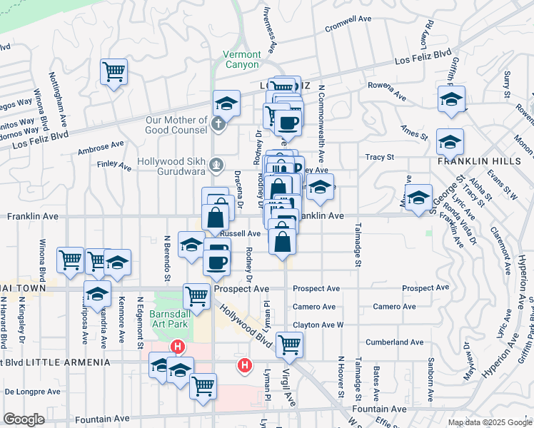map of restaurants, bars, coffee shops, grocery stores, and more near 4523 Franklin Avenue in Los Angeles