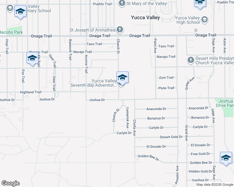 map of restaurants, bars, coffee shops, grocery stores, and more near 8066 Church St in Yucca Valley
