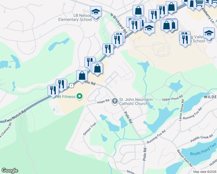 map of restaurants, bars, coffee shops, grocery stores, and more near 102 Coachtrail Court in Columbia