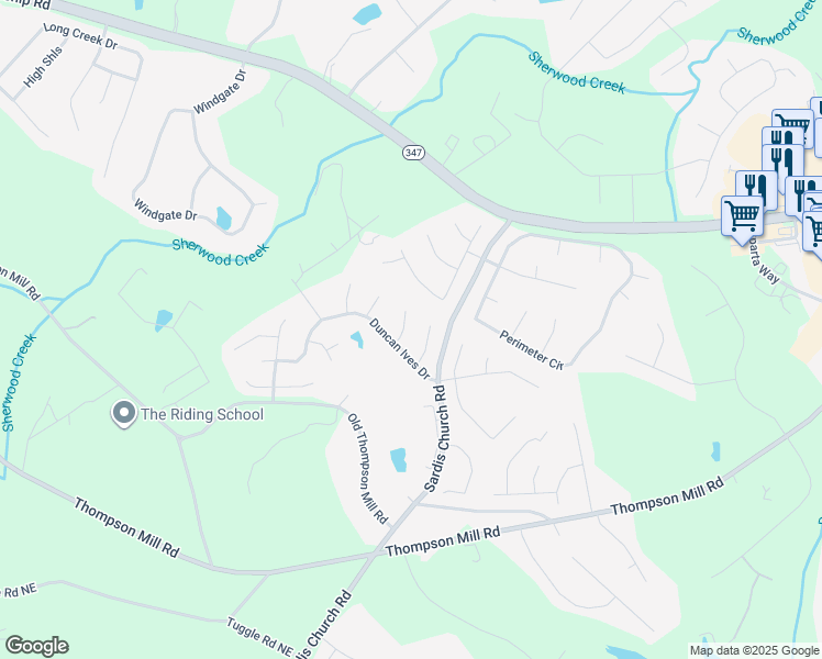 map of restaurants, bars, coffee shops, grocery stores, and more near 3025 Gem Creek Road Northeast in Buford