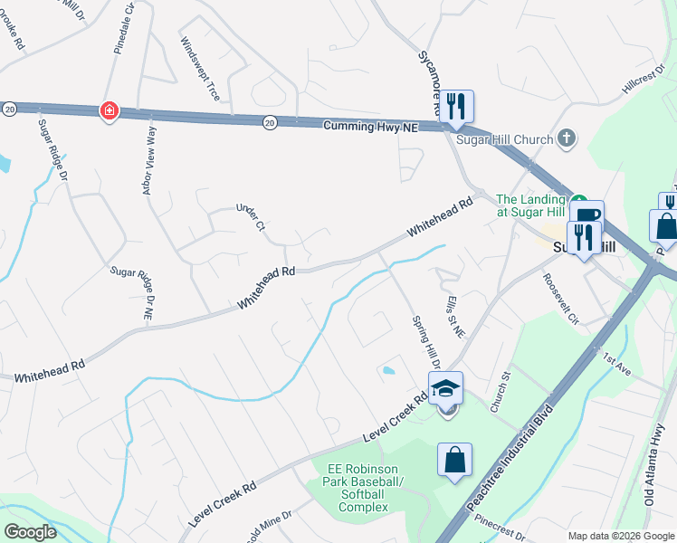 map of restaurants, bars, coffee shops, grocery stores, and more near 975 Whitehead Road in Sugar Hill
