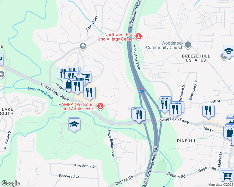 map of restaurants, bars, coffee shops, grocery stores, and more near 139 Stoneforest Drive in Woodstock