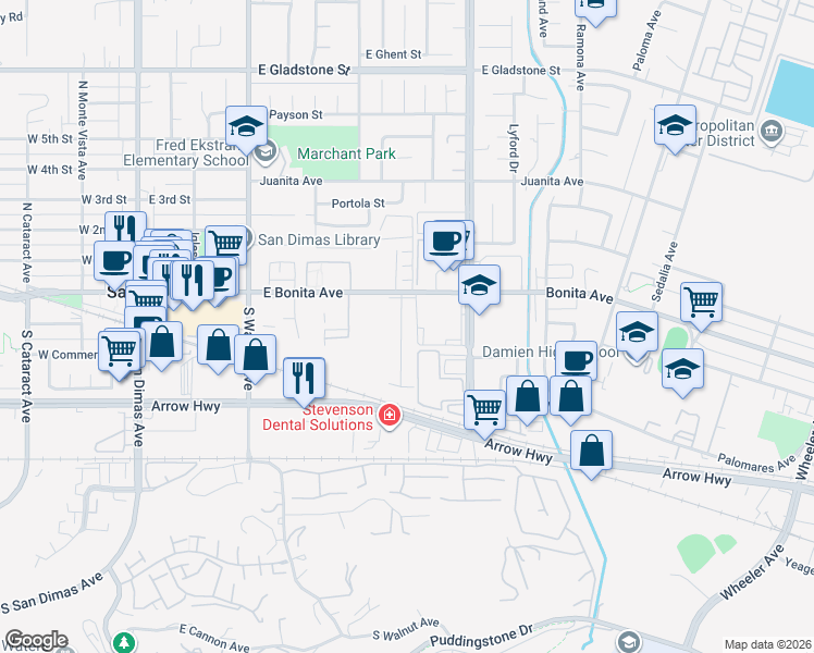 map of restaurants, bars, coffee shops, grocery stores, and more near 130 South Gaffney Avenue in San Dimas