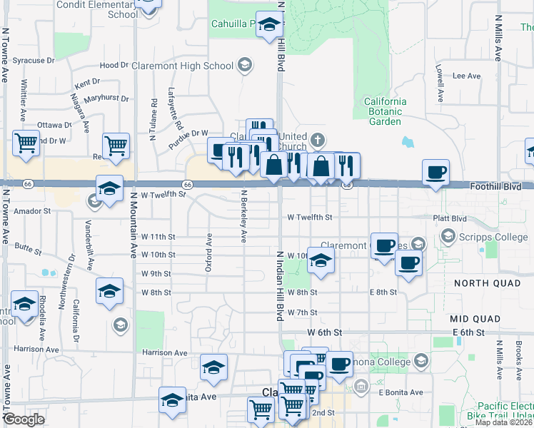 map of restaurants, bars, coffee shops, grocery stores, and more near 449 West 12th Street in Claremont