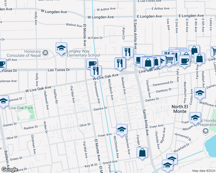 map of restaurants, bars, coffee shops, grocery stores, and more near 10787 Lynrose Street in Temple City
