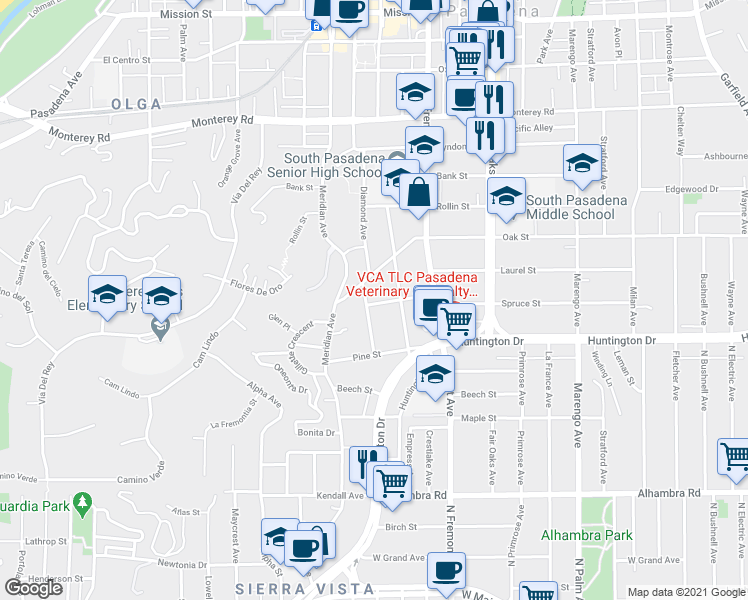map of restaurants, bars, coffee shops, grocery stores, and more near 1716 Diamond Avenue in South Pasadena