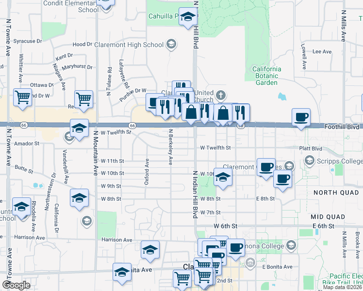 map of restaurants, bars, coffee shops, grocery stores, and more near 449 West 12th Street in Claremont