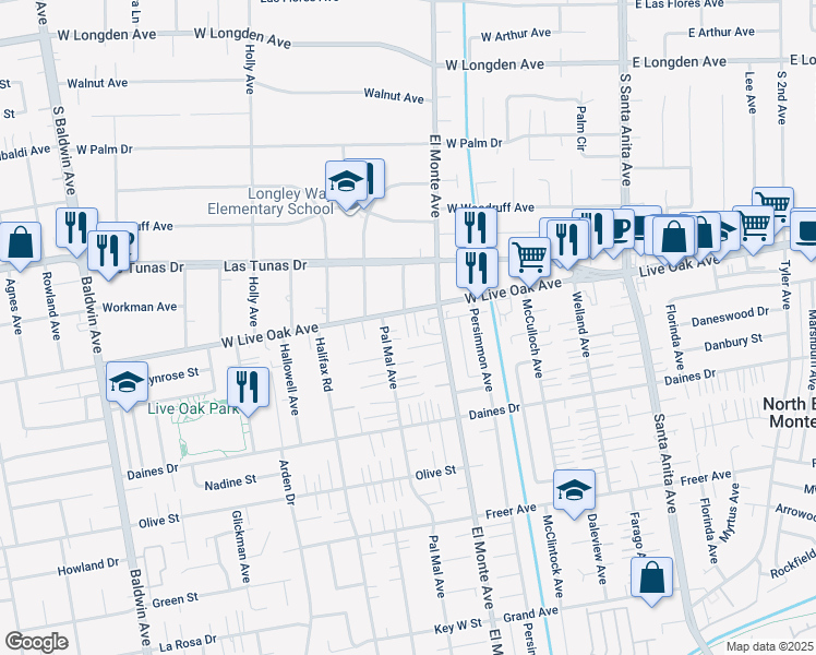 map of restaurants, bars, coffee shops, grocery stores, and more near 10624 Live Oak Avenue in Arcadia