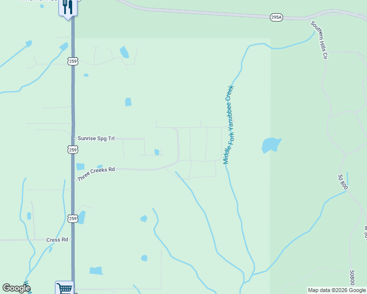 map of restaurants, bars, coffee shops, grocery stores, and more near 640 Three Creeks Road in Broken Bow