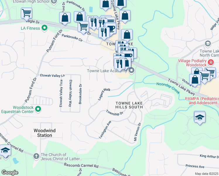 map of restaurants, bars, coffee shops, grocery stores, and more near 1024 Legacy Walk in Woodstock
