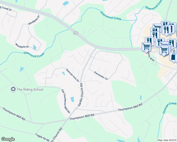map of restaurants, bars, coffee shops, grocery stores, and more near 2952 Perimeter Circle in Buford