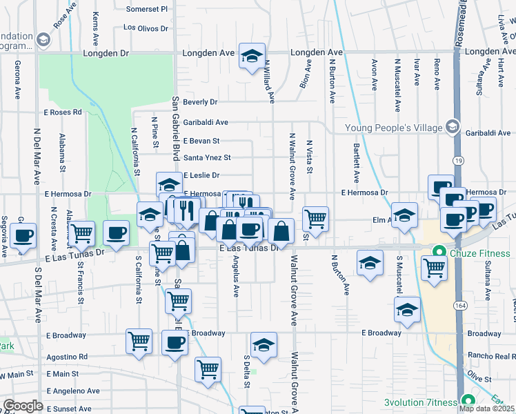 map of restaurants, bars, coffee shops, grocery stores, and more near 8403 Elm Avenue in San Gabriel