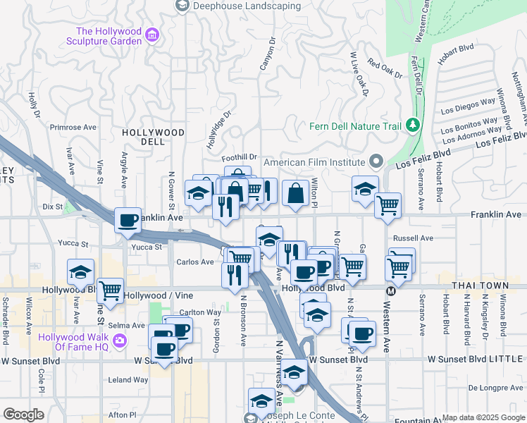map of restaurants, bars, coffee shops, grocery stores, and more near 5833 Franklin Avenue in Los Angeles