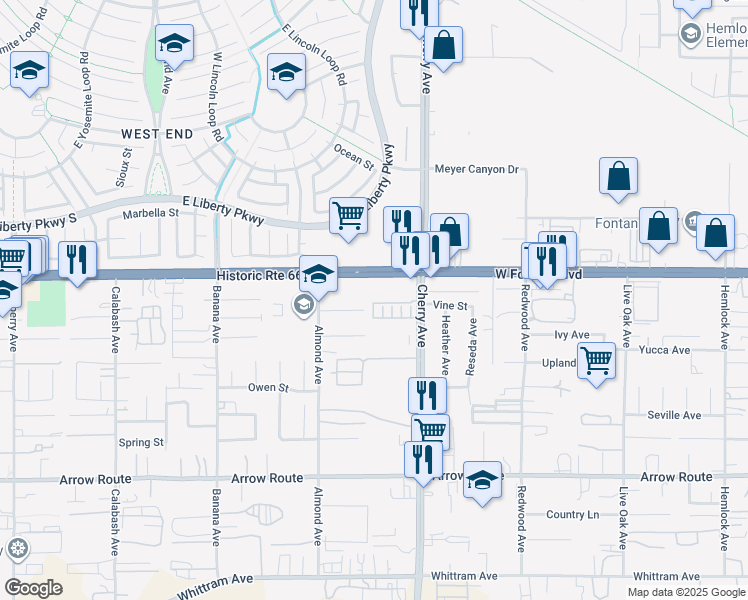 map of restaurants, bars, coffee shops, grocery stores, and more near 14418 Bing Avenue in Fontana