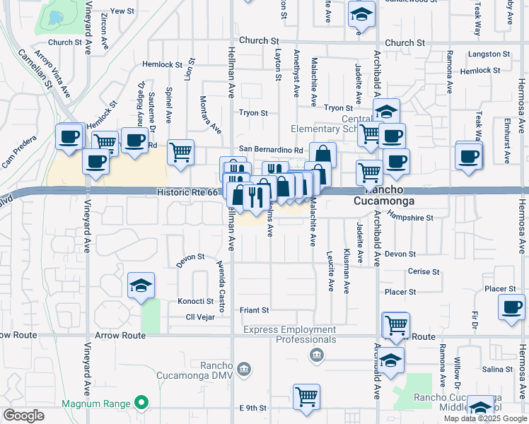 map of restaurants, bars, coffee shops, grocery stores, and more near 9359 Foothill Boulevard in Rancho Cucamonga