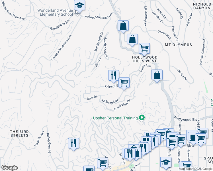 map of restaurants, bars, coffee shops, grocery stores, and more near 8441 Ridpath Drive in Los Angeles