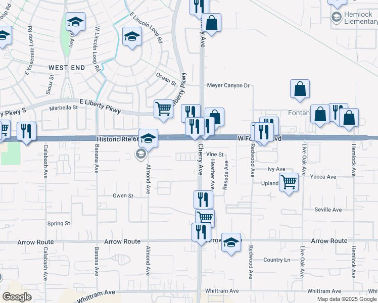 map of restaurants, bars, coffee shops, grocery stores, and more near 14418 Bing Avenue in Fontana
