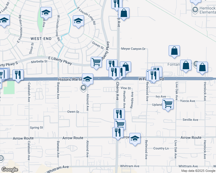 map of restaurants, bars, coffee shops, grocery stores, and more near 14408 Bing Avenue in Fontana