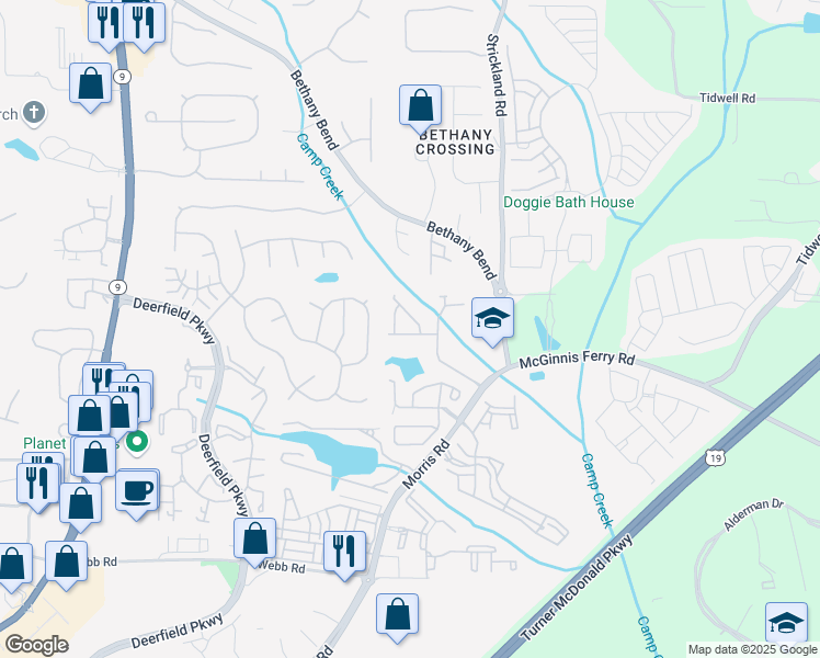 map of restaurants, bars, coffee shops, grocery stores, and more near 3522 Peacock Road in Alpharetta