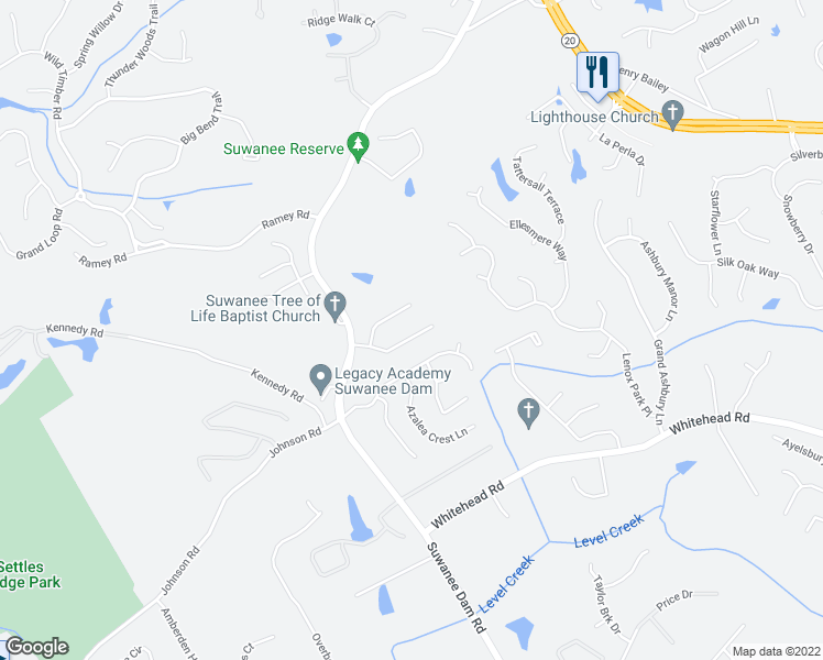 map of restaurants, bars, coffee shops, grocery stores, and more near 100 Saltcreek Point Northeast in Sugar Hill