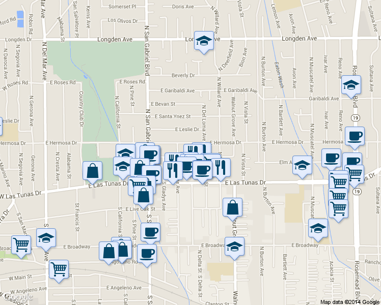 map of restaurants, bars, coffee shops, grocery stores, and more near 8329 Elm Ave in San Gabriel