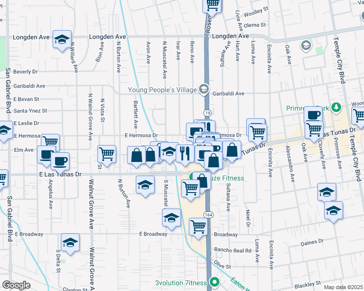 map of restaurants, bars, coffee shops, grocery stores, and more near 8839 Elm Avenue in Temple City
