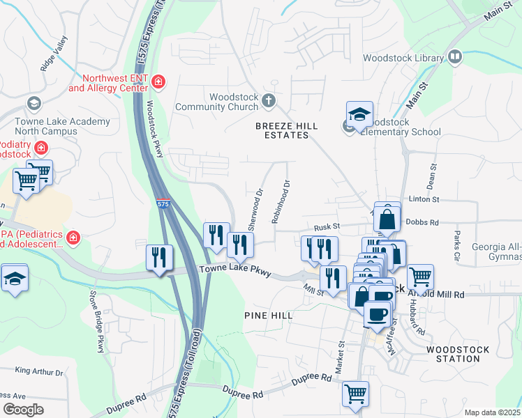 map of restaurants, bars, coffee shops, grocery stores, and more near 410 Sherwood Drive in Woodstock