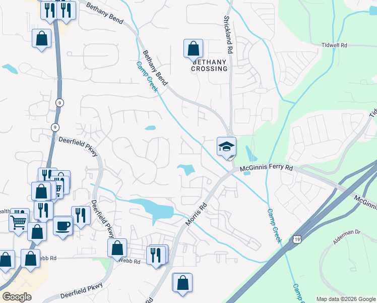 map of restaurants, bars, coffee shops, grocery stores, and more near 3522 Peacock Road in Alpharetta