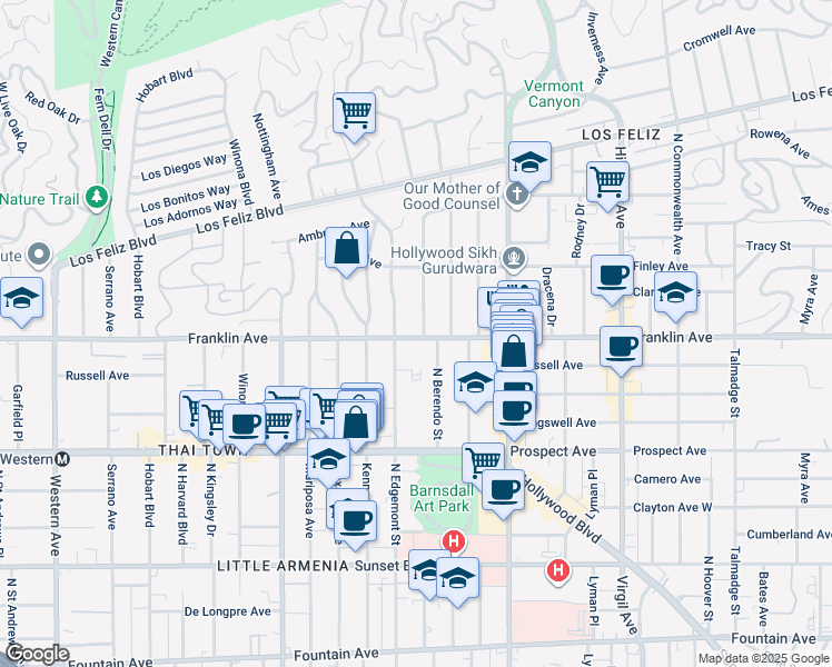 map of restaurants, bars, coffee shops, grocery stores, and more near 1901 North Catalina Street in Los Angeles